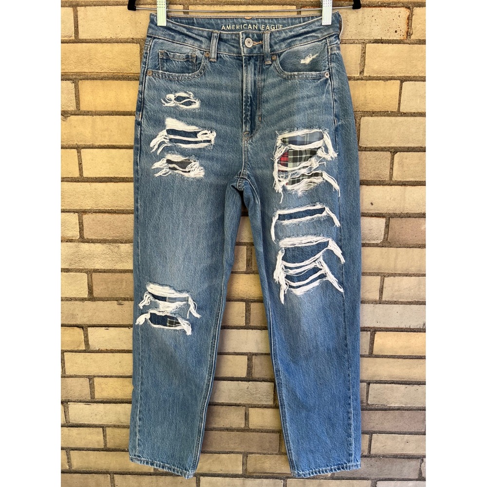 American Eagle Plaid Patched Mom Straight Jeans Blue Distressed Size 2